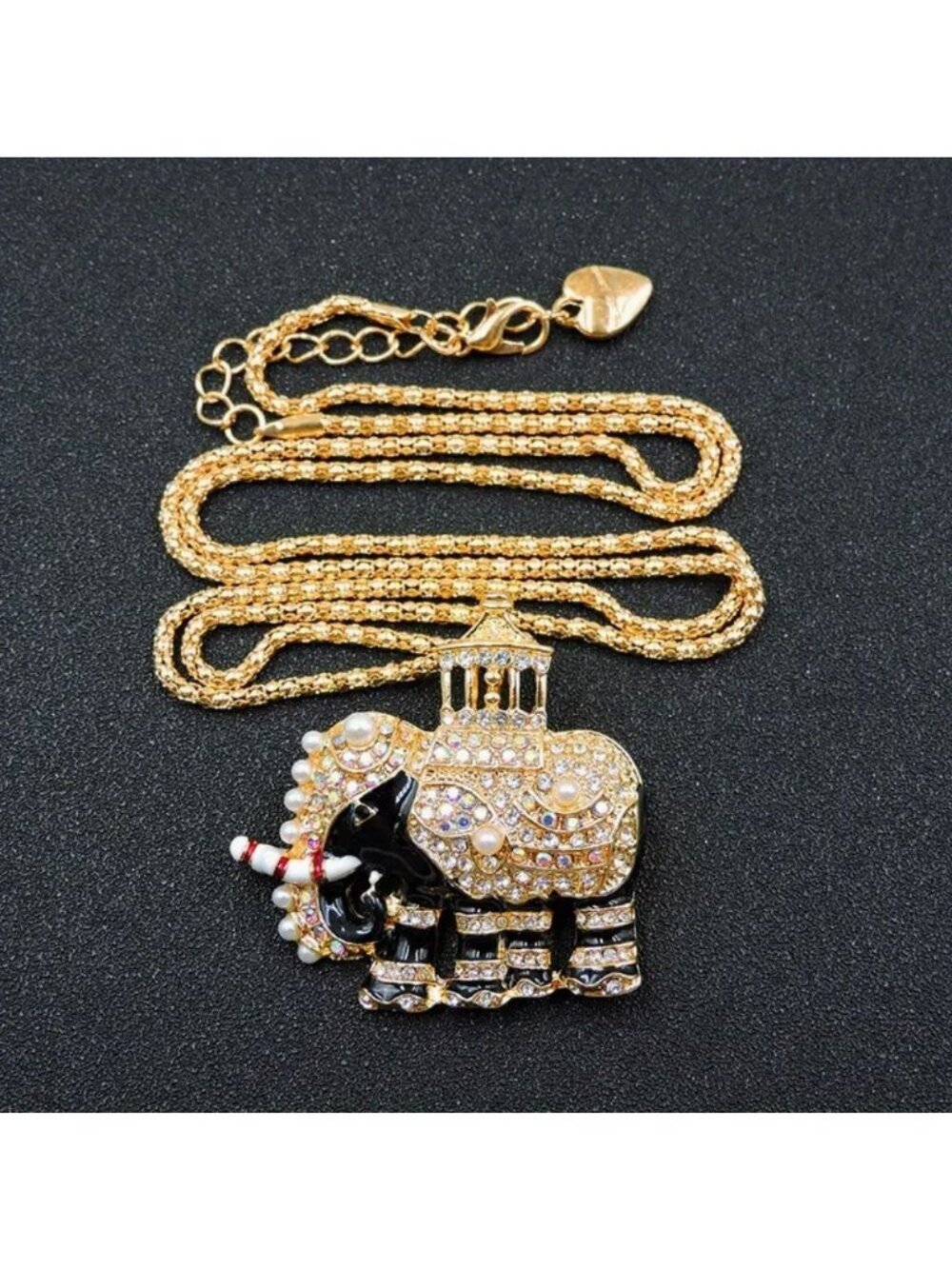 Necklace Imitation Pearl & Crystal Elephant Pendant Gold Tone